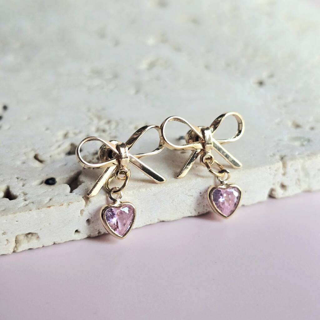 Bow Earrings With Pink Heart Charm, 1 of 4