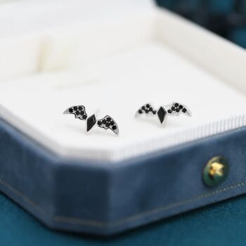 Black Cz Crystal Bat Stud Earrings In Sterling Silver, 5 of 11
