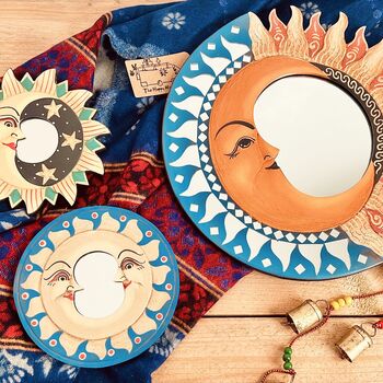 Set Of Three Wooden Sun And Moon Bohemian Wall Mirrors, 4 of 8