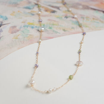Dainty Peridot Zircon Pearl Chain Necklace, 3 of 12