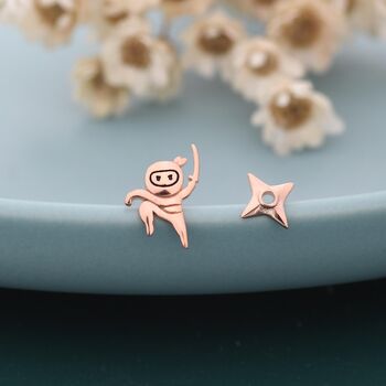 Sterling Silver Mismatched Ninja And Ninja Shuriken Star Stud Earrings, 7 of 12