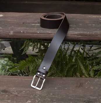 Handmade Men's English Leather Dark Brown Belt 35mm Wide, 2 of 9