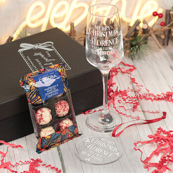 Merry Christmas Champagne Flute With Chocolate And Decoration Gift Set, 2 of 7