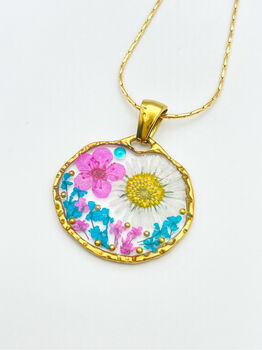 Necklace With Daisies And Pink Flowers In Silver Or Gold, 8 of 12