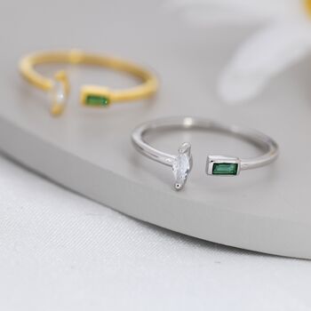Sterling Silver Emerald Green Cz Marquise And Baguette Open Ring, 2 of 12