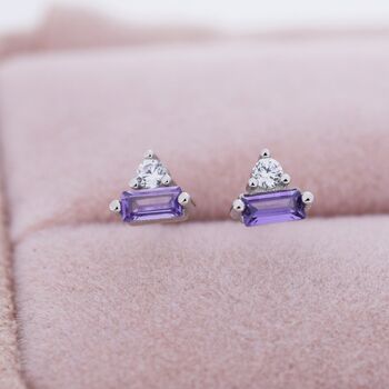 Lilac Purple Baguette And Round Cz Stud Earrings, 6 of 12
