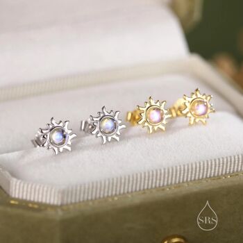 Tiny Sun Moonstone Stud Earrings In Sterling Silver, 8 of 12