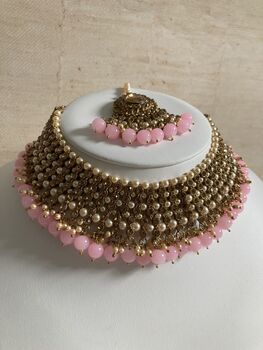 Indian Gold Plated Light Pink Pearl Choker Set, 2 of 7