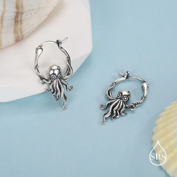 Sterling Silver Octopus Charm Hoop Earrings, 7 of 11