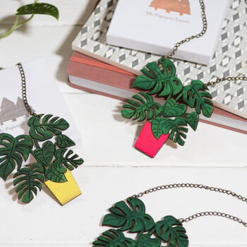 Monstera Wooden Plant Statement Necklace, 5 of 6