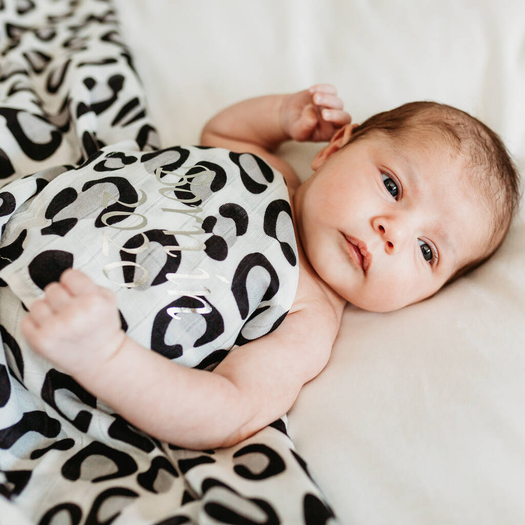 Personalised Xl Leopard Print Baby Gift Muslin, 1 of 8
