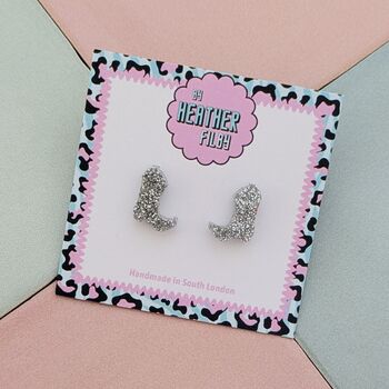 Cowboy Boot Glitter Resin Stud Earrings Pink, Blue And Silver, 10 of 12