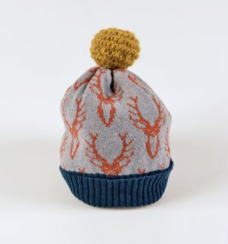 Knitted Lambswool Stag Bobble Hat Dark Colours, 2 of 9