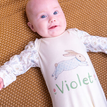 Personalised Organic Illustrated Bunny Baby Sleepsuit, 3 of 11