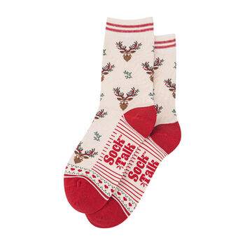Christmas Reindeer Stags Holly Bamboo Ankle Socks Women's Cream Red, 4 of 4