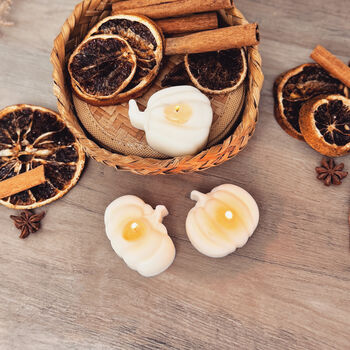 Set Of Three White Pumpkin Tea Light Candles, 9 of 10