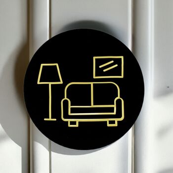 Living Room Door Sign In Matte Black Acrylic With Raised Sofa Design, 2 of 2