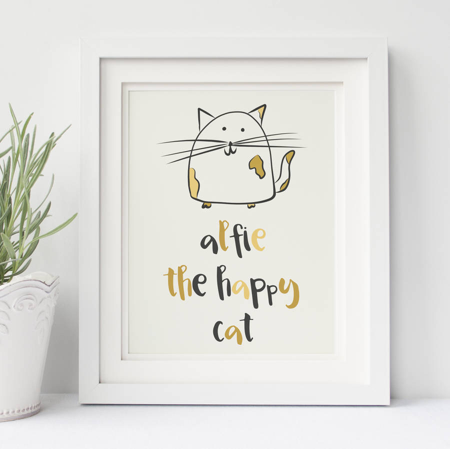 personalised happy cat wall print by parsy card co