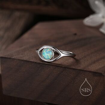 Sterling Silver Aqua Green Opal Eye Adjustable Ring, 5 of 11