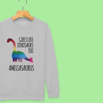 'Girls Like Dinosaurs Too' Personalised Girls Sweatshirt, 3 of 12