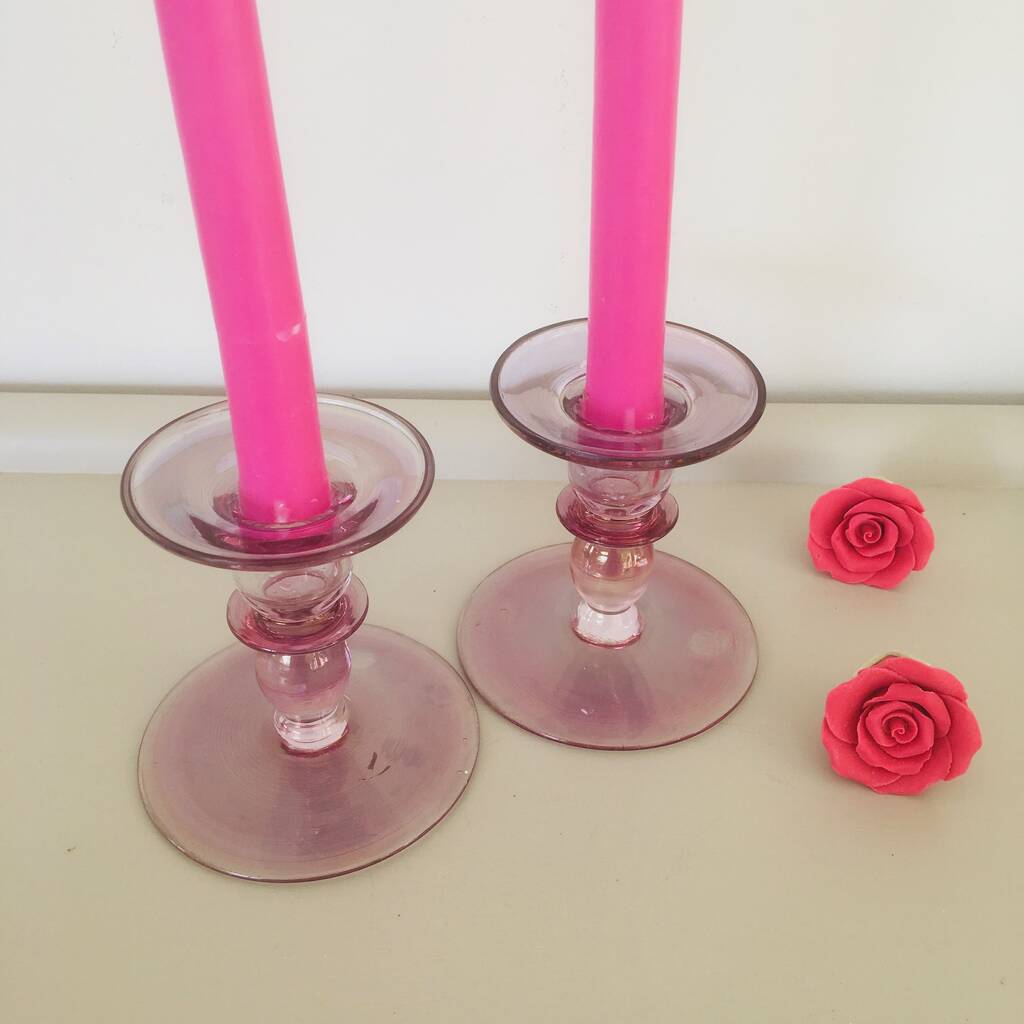 Pair Of Vintage Pink Glass Candlesticks By Chapel Cards