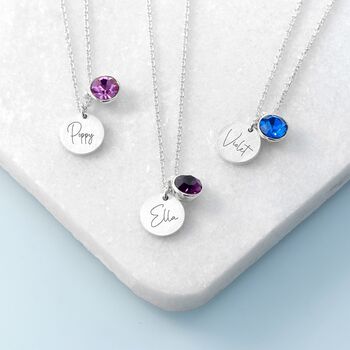 Personalised Silver Birthstone Crystal And Disc Necklace, 9 of 12