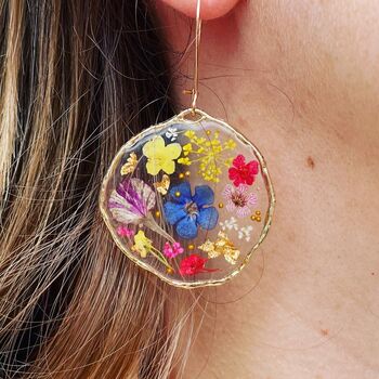 Real Flowers Black Round Earrings Medium Hand Made, 6 of 11