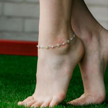 Silver Plated White Daisy Pearl Floral Charms Anklets, 2 of 3