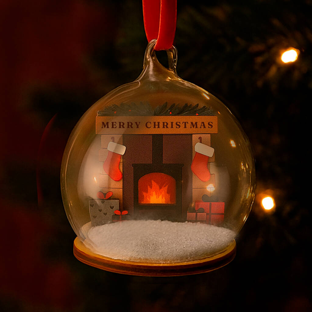 Merry Christmas Glass Bauble | Fireplace Design | Christmas Tree Decoration | Glass Ornament | Christmas Eve Box| Festive | Gift Boxed, 1 of 4