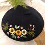 Black Beret Hat With Hand Embroidery Flower, thumbnail 1 of 6