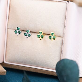 Sterling Silver Green Cz Shamrock Tiny Stud Earrings, 2 of 12