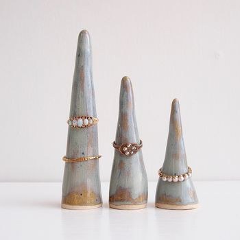 Handmade Blue/Brown Ceramic Ring Holder Cone, 3 of 7