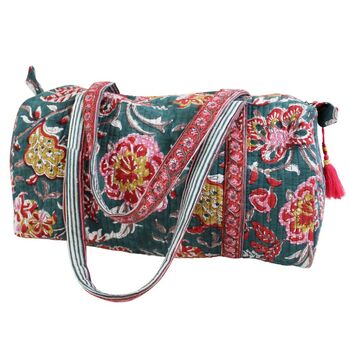 Block Printed Pine Green, Red And Mustard Floral Quilted Duffle Bag, 9 of 9