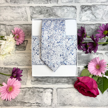 Blue And Silver Ditsy Floral Wedding Tie Set, 4 of 6