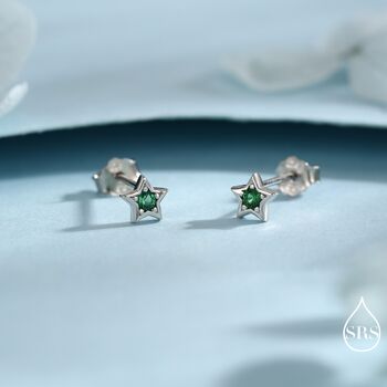 Tiny Emerald Green Cz Star Stud Earrings, 3 of 12
