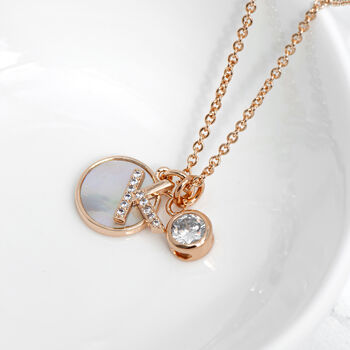 Rose Gold Initial Necklace With Pearl + Crystal Charms, 5 of 8