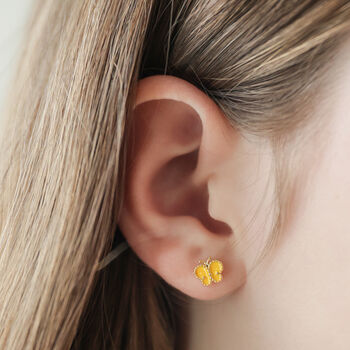 Enamel Butterfly Stud Earrings In Gold Plating, 2 of 7
