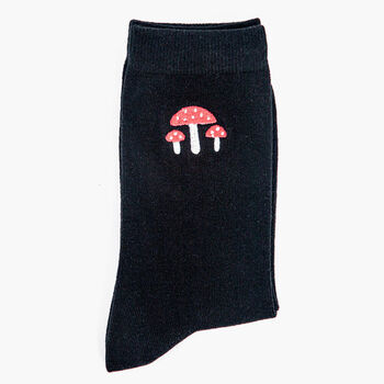 Red Toadstools Woodland Embroidered Ankle Socks Women's Black, 3 of 3