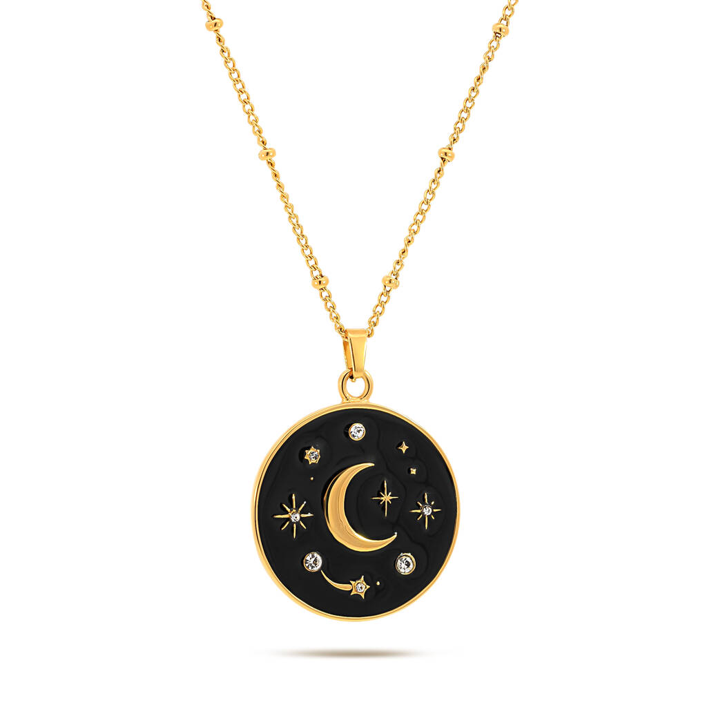 Black Enamel Solar System Star Moon Coin Charm Necklace