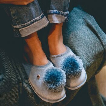 Personalised Soft Blue Pom Pom Slippers, 2 of 3