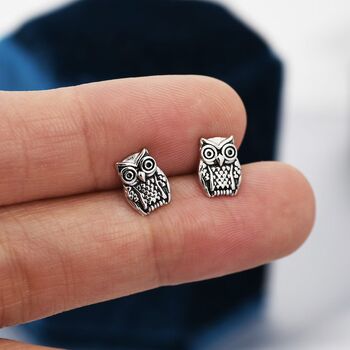 Owl Stud Earrings In Sterling Silver, 3 of 10
