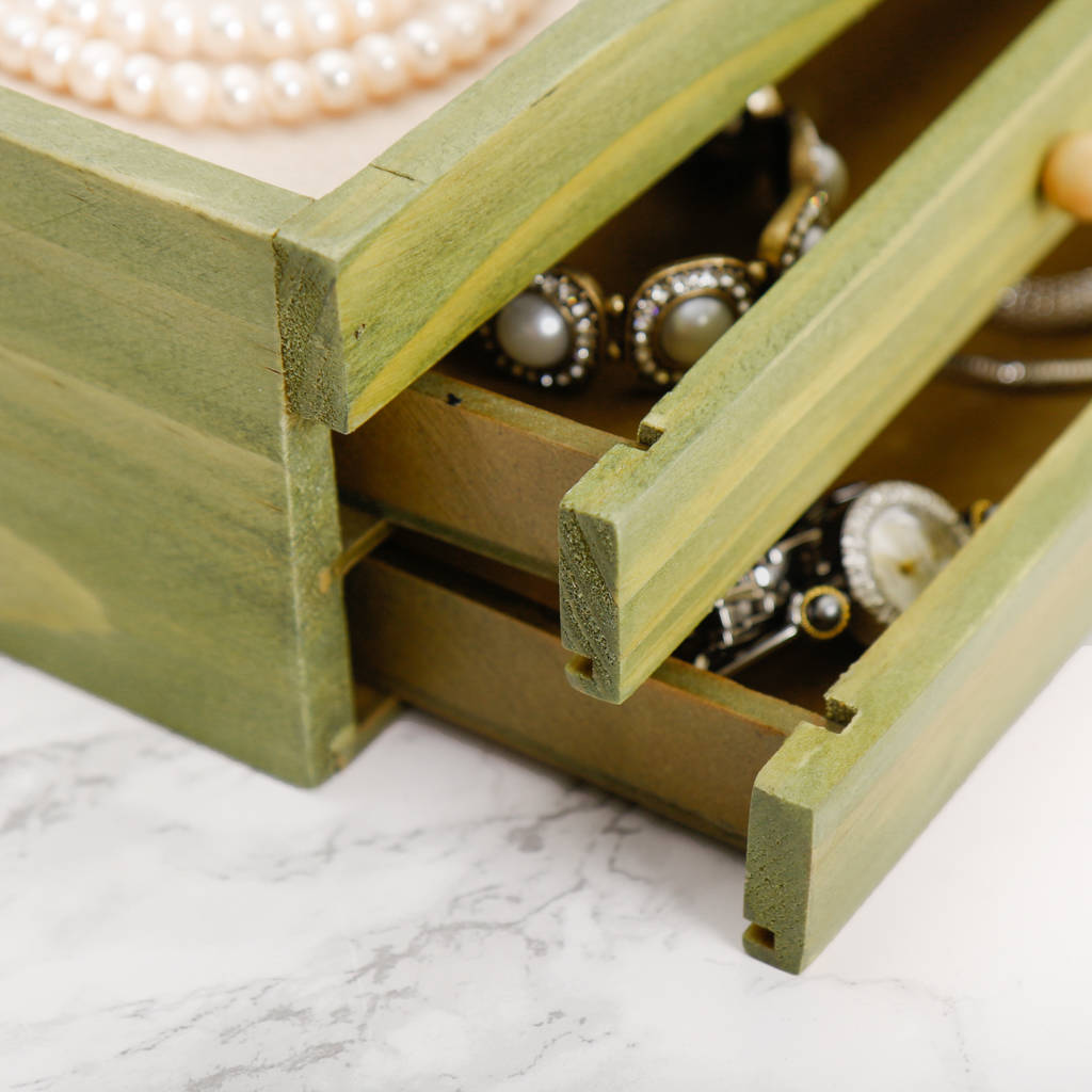 Personalised Green Wood Jewellery Box With Drawers By Dibor