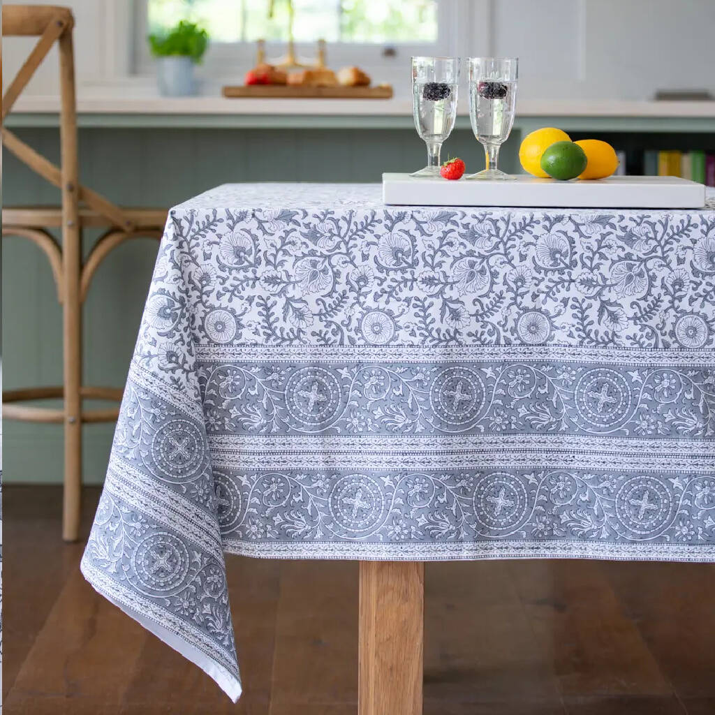 Hand Block Printed Grey Cotton Tablecloth, 1 of 4