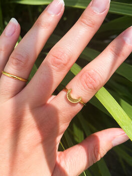 Gold Plated Engraved Stackable Selene Moon Ring, 3 of 6
