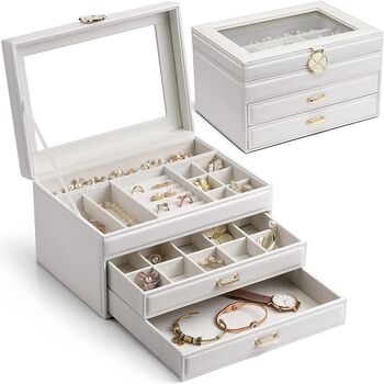 Three Layers White Jewellery Box With Glass Cover, 5 of 6