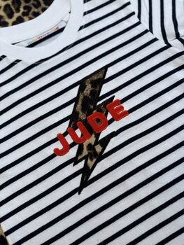 Leopard Bolt Striped Personalised Kids Breton T Shirt, 3 of 3