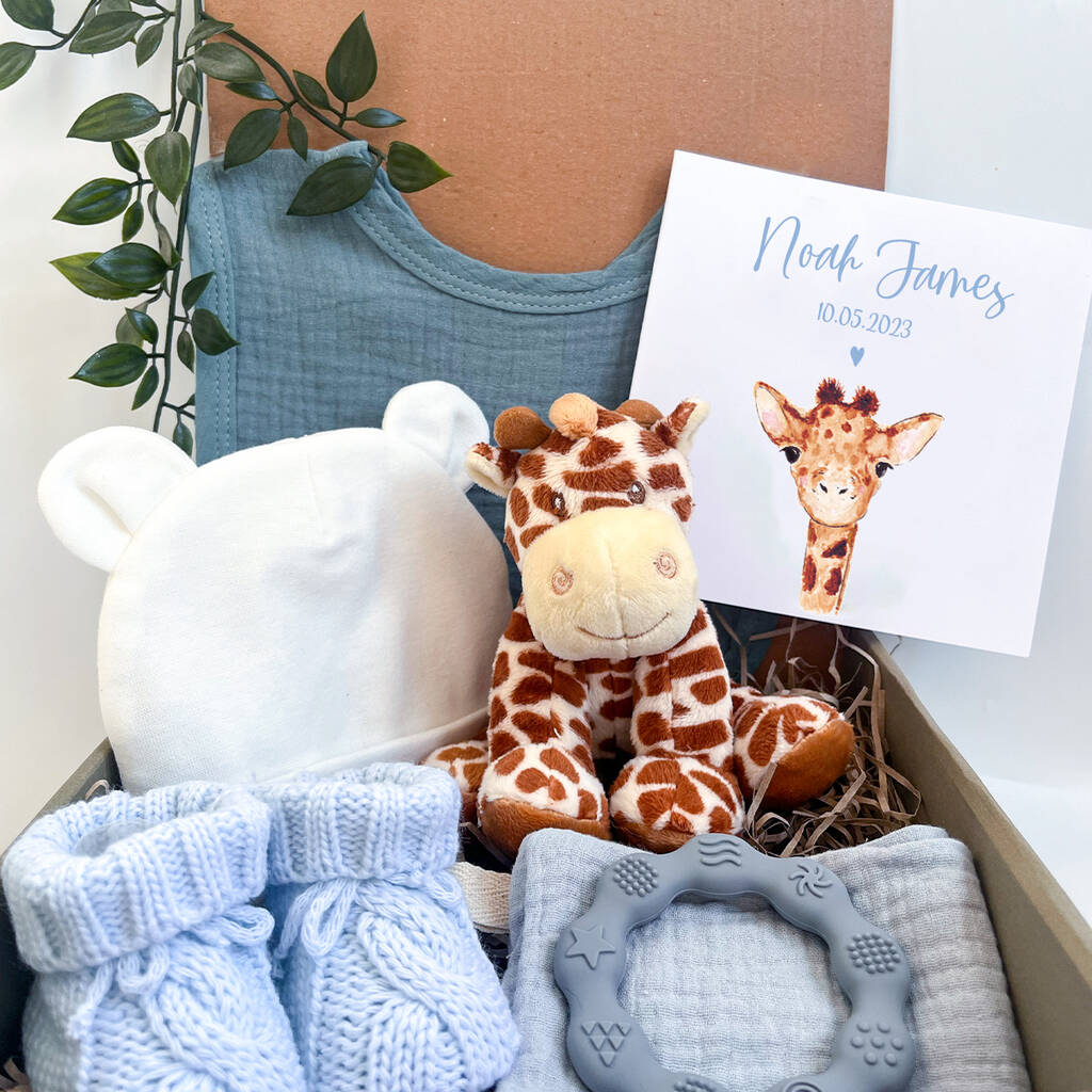 New Baby Boy Giraffe Gift Set With Personalised Card By Willow & Hue