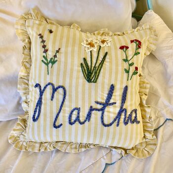 Hand Embroidered Personalised Cushion Lemon Stripe Ruffle Trim, 2 of 7