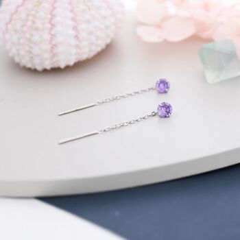 Sterling Silver Amethyst Purple Cz Threader Earrings, 7 of 10
