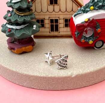 Personalised Sterling Silver Mismatched Christmas Tree Initial Star Earrings, 2 of 10